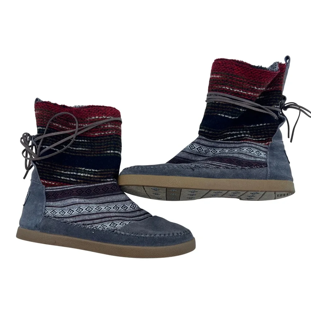 TOMS Nepal Grey‎ Suede Faux Fur Lined Woven Mid Calf Boots Womens 8 300614